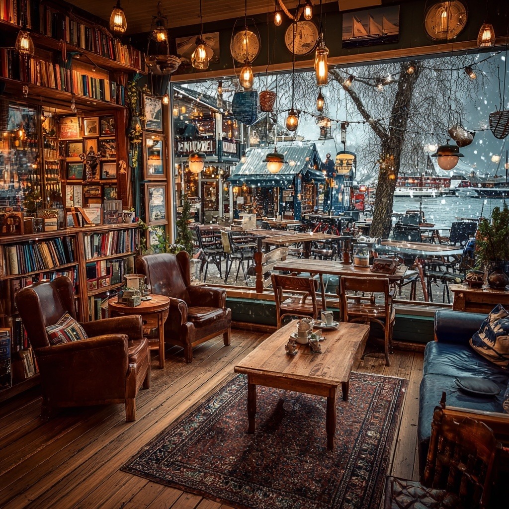 Cozy bookshop café with bookshelves, leather chairs, and snowy winter view through windows