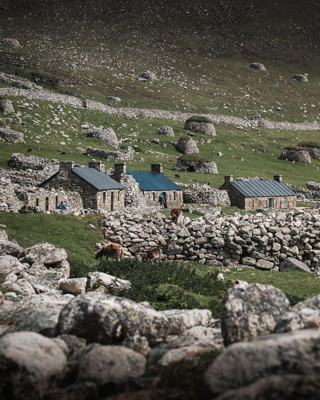 Stone cottages with slate roofs on grassy hillside surrounded by large boulders at St. Kilda