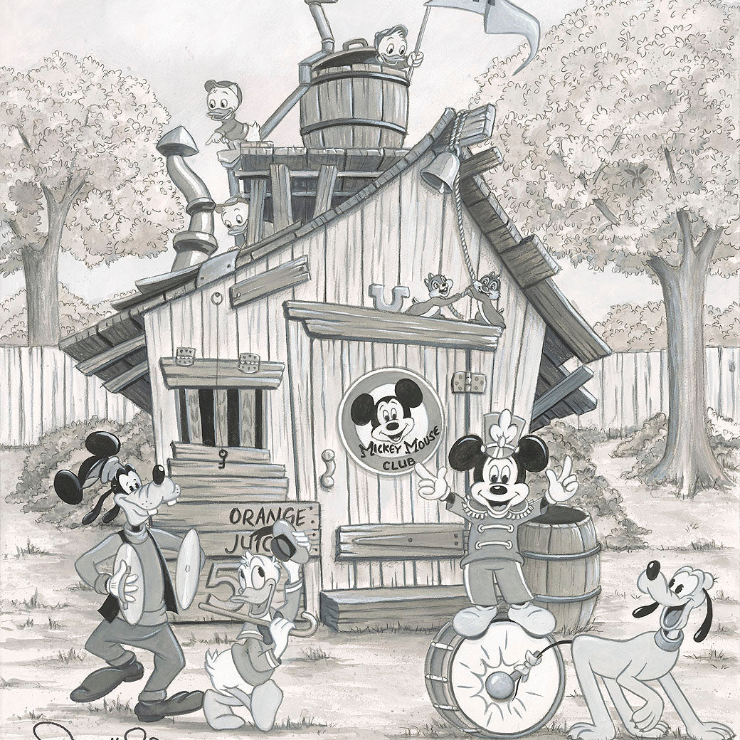 Mickey Mouse and friends standing in front of their wooden clubhouse in a forest clearing