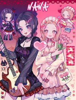 Anime illustration of two Nana characters, one punk girl with bass guitar and one girl in pink dress with flowers