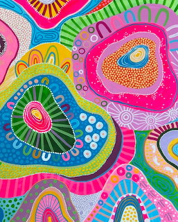 Abstract art with colorful organic shapes, dots, and concentric circles in vibrant pink, blue, green, and yellow tones