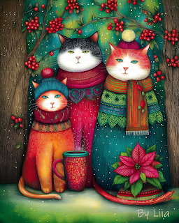Illustration of three cats in colorful winter scarves and hats with holly berries and poinsettia in snow