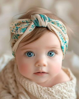 Portrait of baby with blue eyes wearing turquoise floral headband and cream knit wrap
