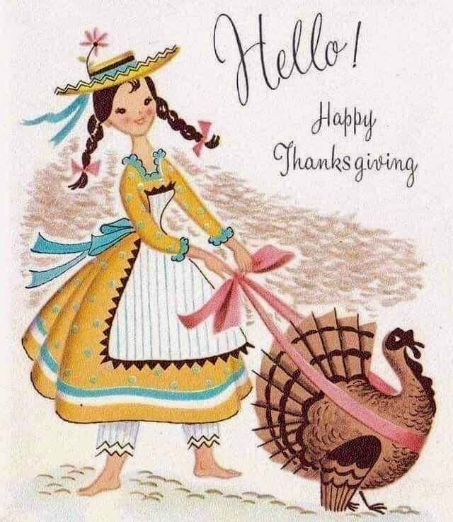 Vintage Thanksgiving card showing girl in yellow dress with braids standing next to a brown turkey
