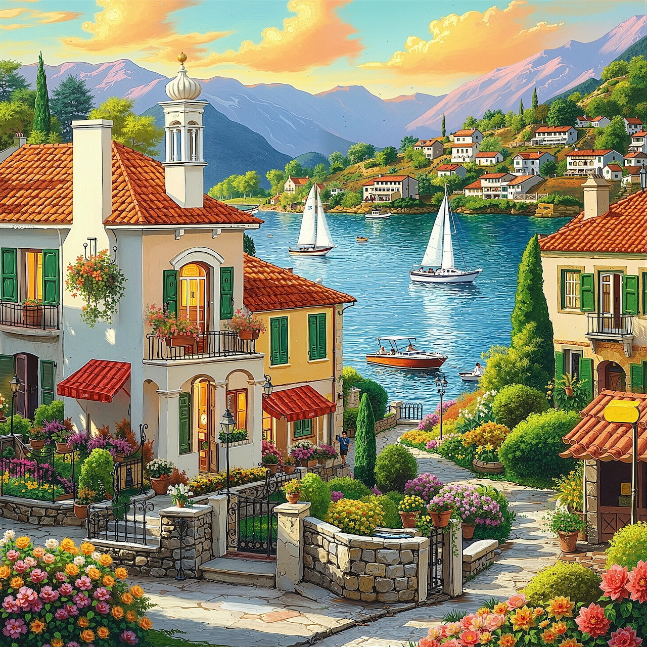 Painted Mediterranean village with colorful houses, boats on lake, mountains behind
