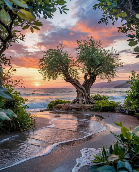Lone tree on beach at sunset with colorful sky and ocean