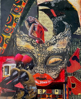 Mixed media collage of woman's face with decorative mask, red lips, and colorful abstract patterns
