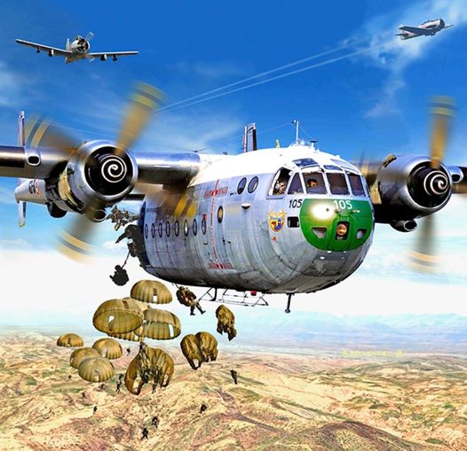 Military transport plane with green nose dropping paratroopers over desert landscape