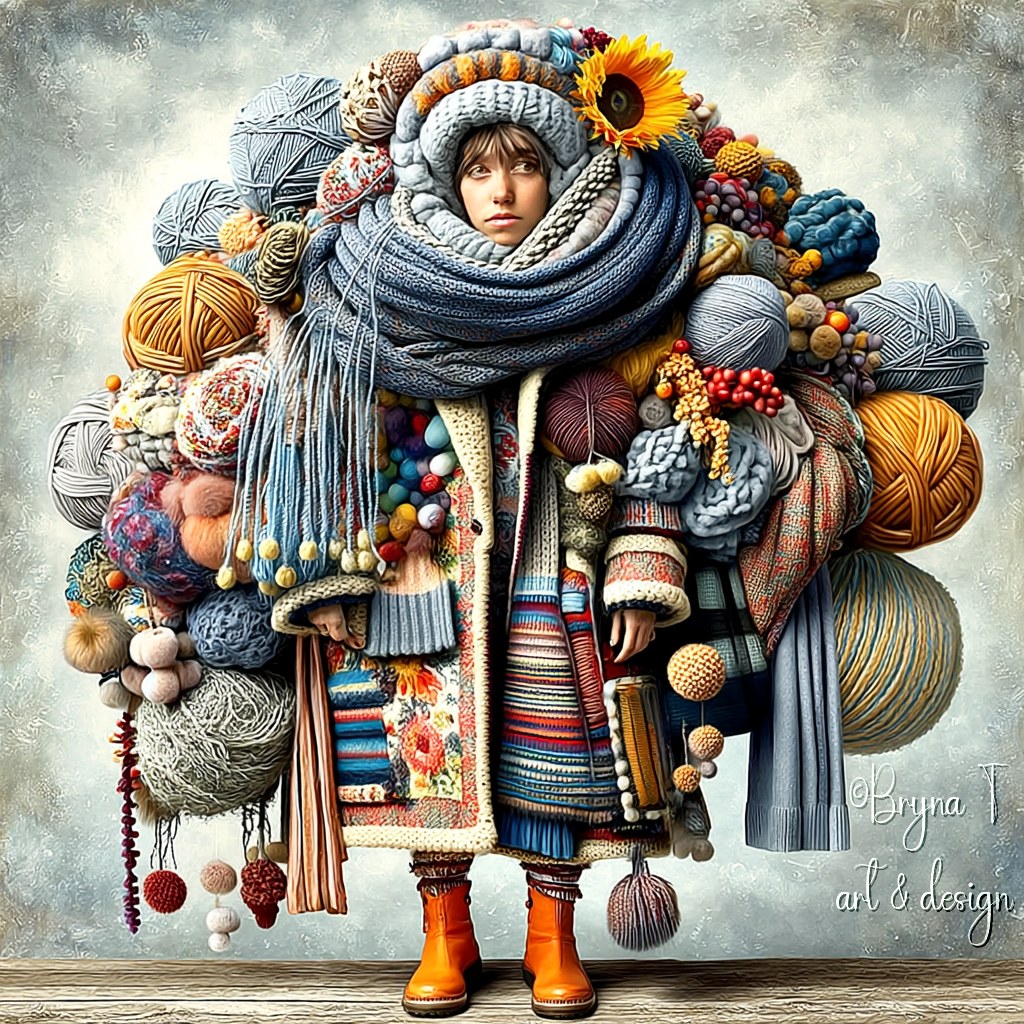 Figure layered with scarves, yarn, pumpkins, pinecones, and sunflower in surreal textile costume