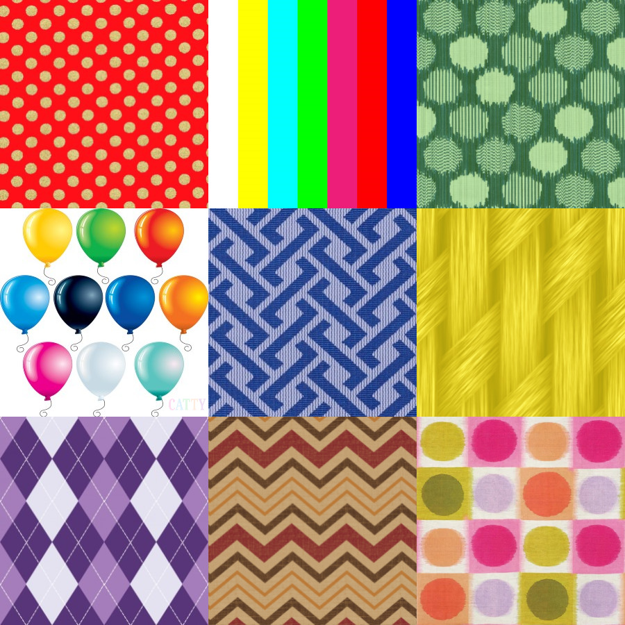 3x3 grid of colorful pattern squares including dots, stripes, balloons, argyle, chevrons, and geometric designs