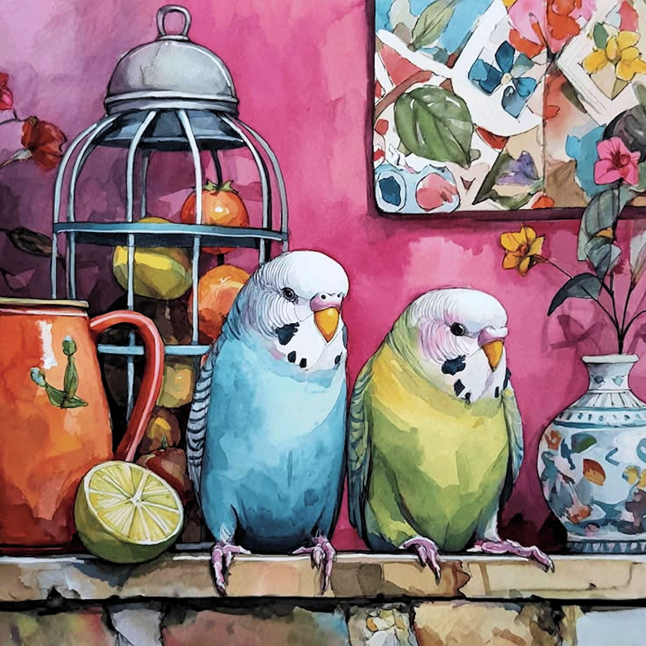 Two budgies perched on shelf with vintage birdcage and decorative objects in watercolor painting