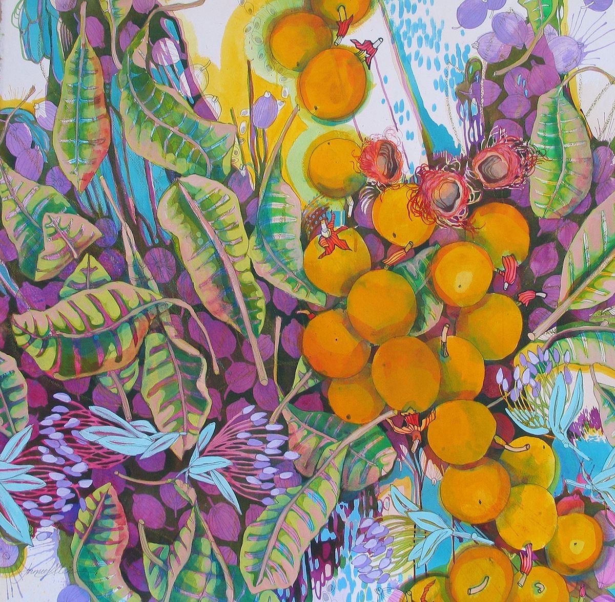 Abstract painting of orange and purple flowers with patterned green leaves on white background