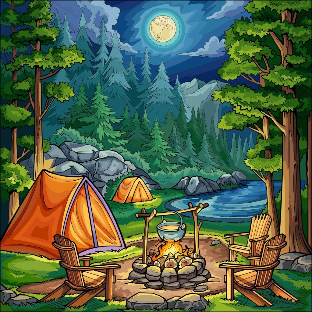 Nighttime lakeside camping scene with tents, campfire, chairs, and forest under full moon