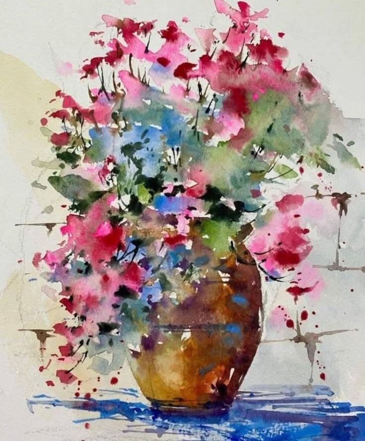 Watercolor painting of pink and blue flowers in a brown copper vase