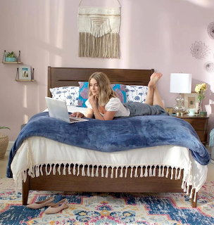 Woman lying on bed with laptop in modern bedroom with blue blanket and decorative accessories