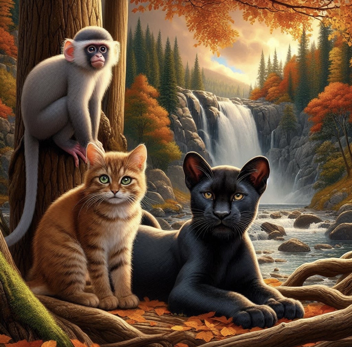 Monkey, orange kitten, and black cat near waterfall in autumn forest with rainbow