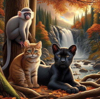 Animals by Autumn Waterfall