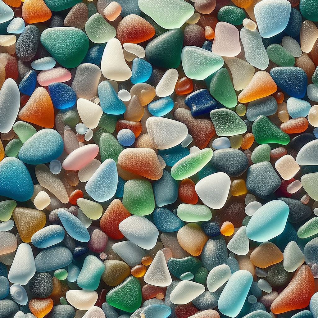 Close-up of many colorful frosted sea glass pieces in assorted shapes and sizes