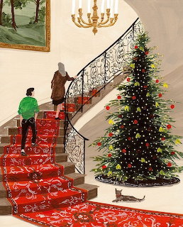 Decorated staircase with red carpet and Christmas tree with colorful lights in elegant home