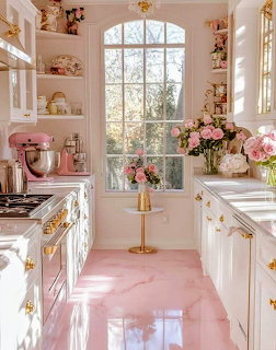 Bright kitchen with pink marble floor, white cabinets, gold accents, and fresh roses on countertop