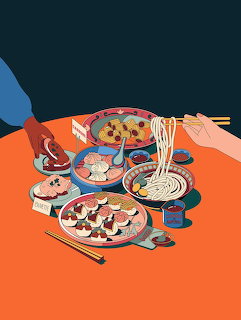 Illustrated overhead view of colorful food dishes including pasta, cookies, and drinks on orange surface
