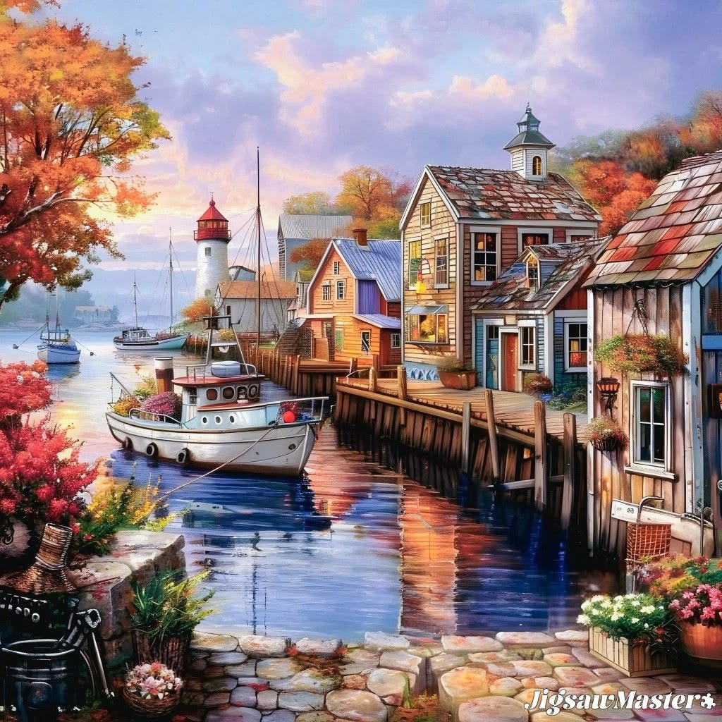 Colorful harbor village with lighthouse, boats, autumn trees, and buildings reflected in water at sunset