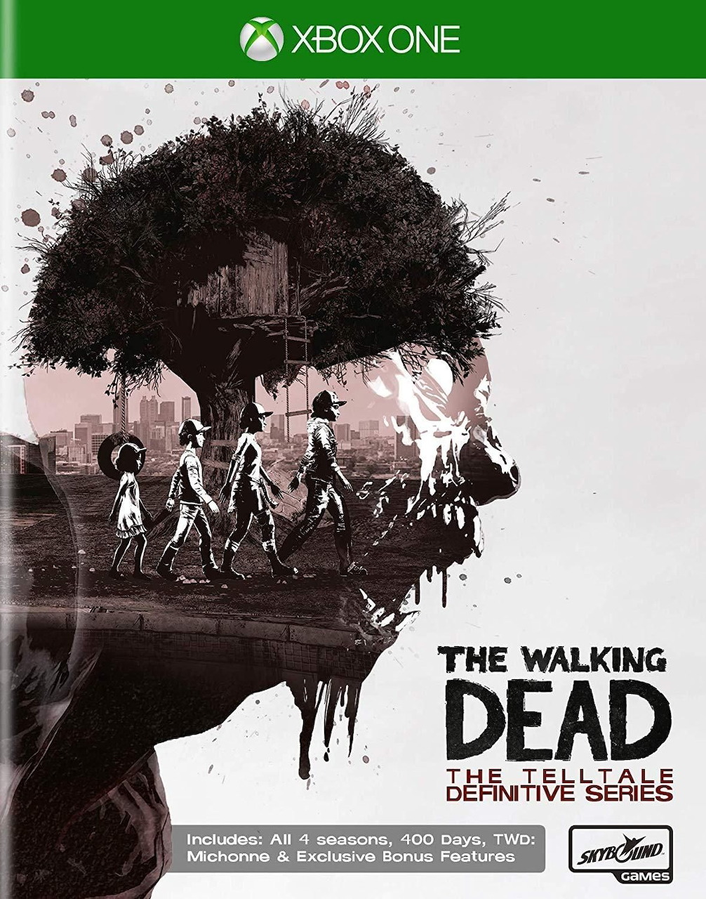 Xbox One box art for The Walking Dead Telltale Definitive Series with silhouetted characters and dark tree