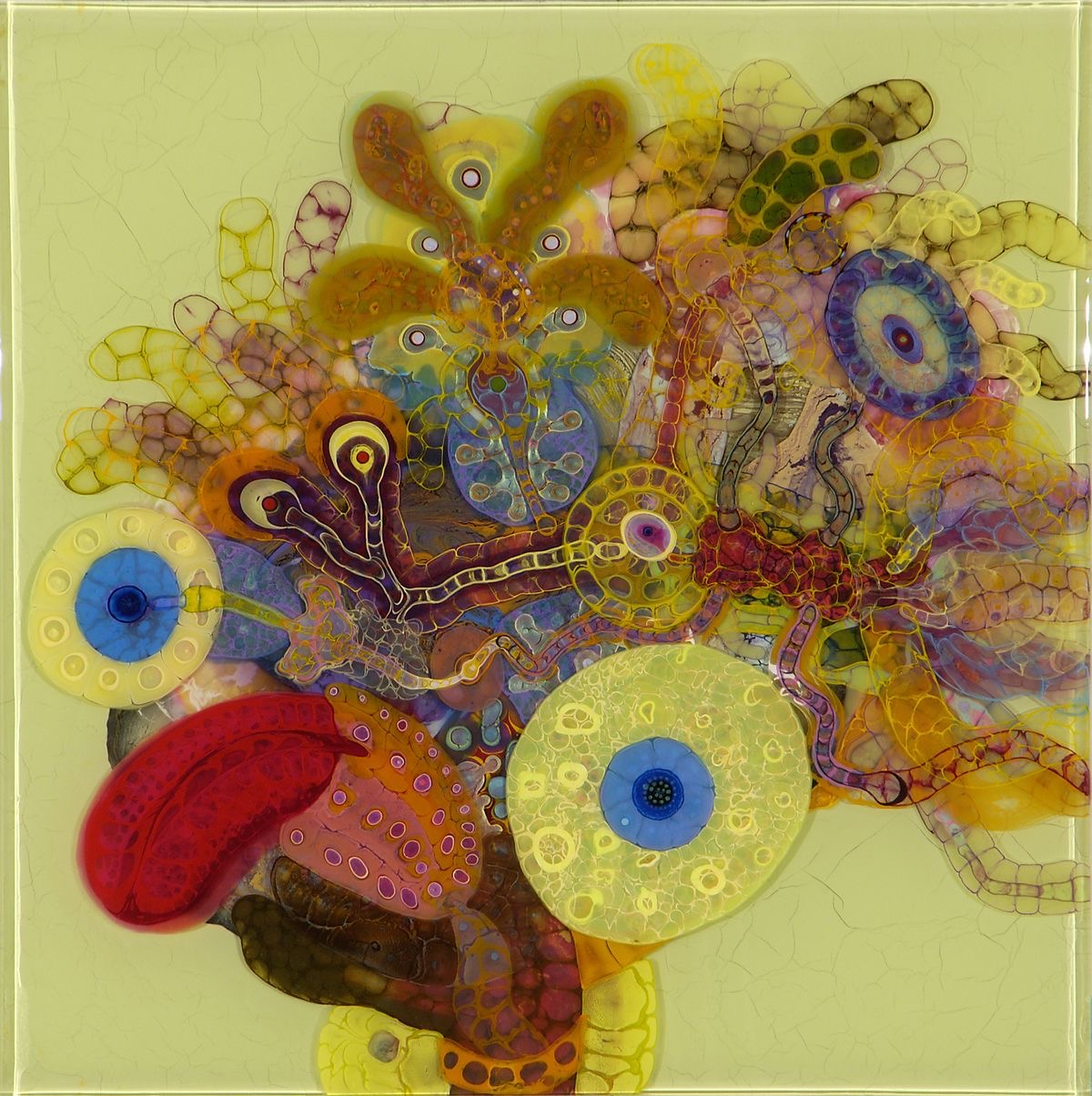 Abstract art with colorful circles, organic shapes, and layered translucent patterns on a pale green background