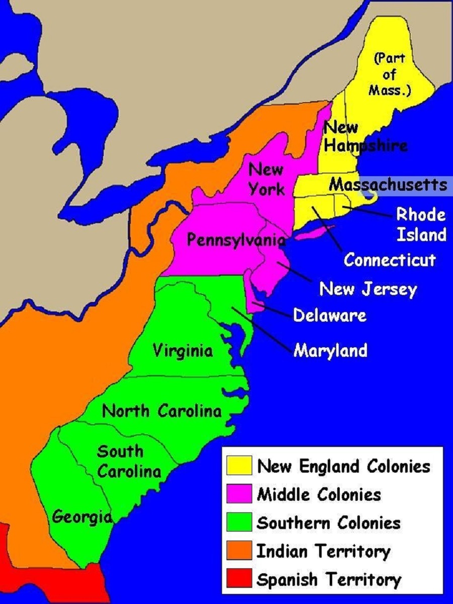 Color-coded map of the thirteen original American colonies with regional labels and territory boundaries