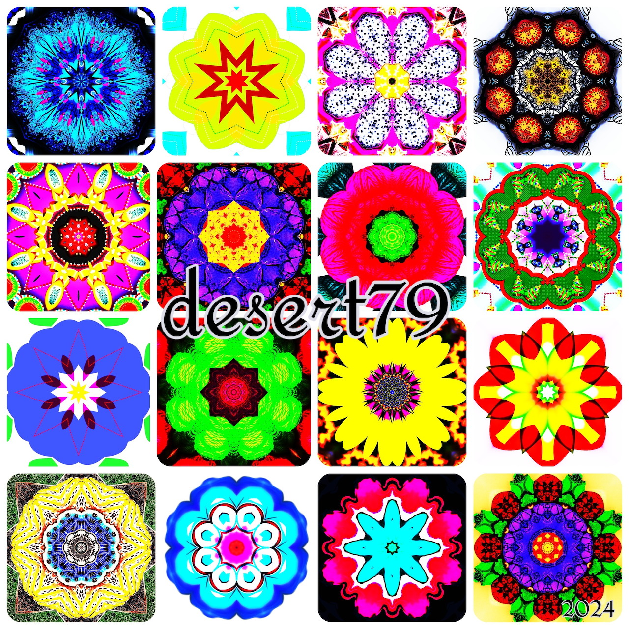 Grid of 16 colorful kaleidoscope mandala patterns with geometric symmetrical designs in vibrant rainbow hues