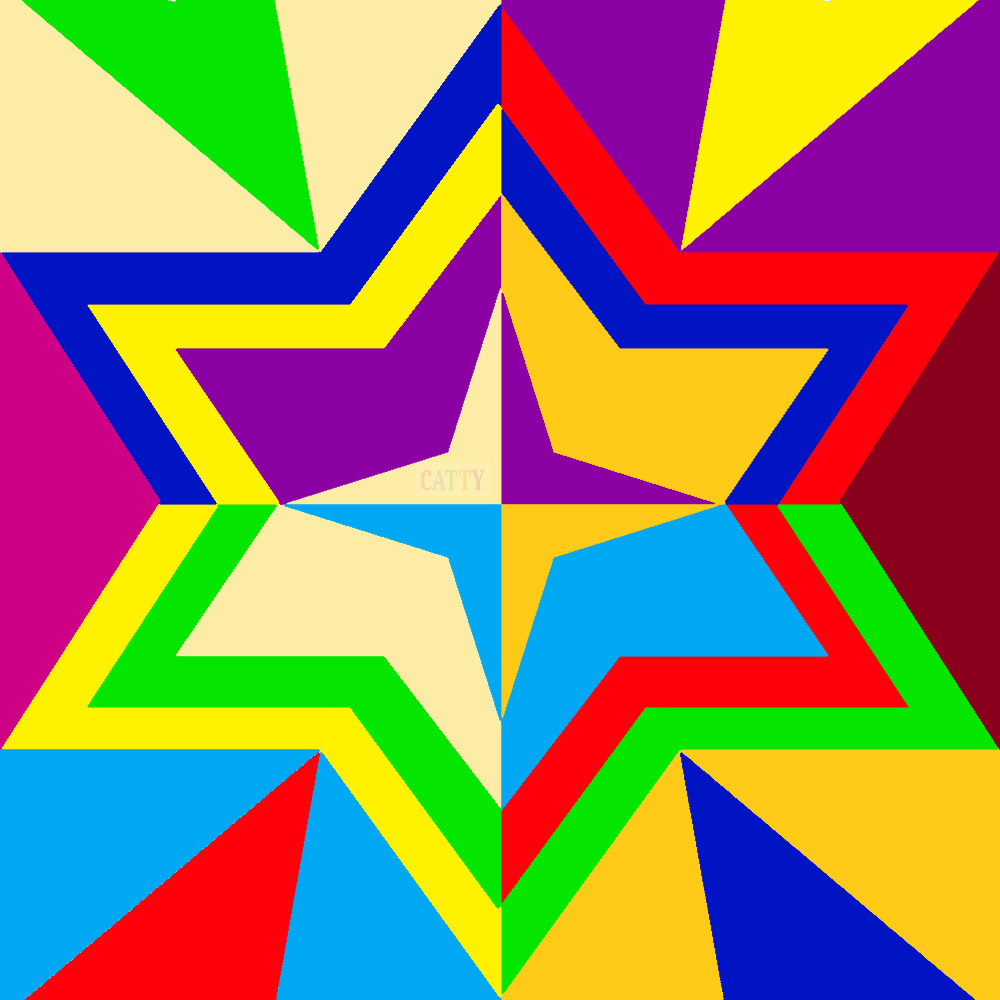 Bright geometric star pattern with colorful triangular segments in red, blue, green, yellow, purple, and cyan