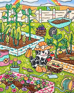 Colorful cartoon girl gardening in a flower-filled backyard with raised beds, tools, and a hose