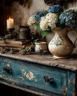 Blue and white hydrangeas in ceramic vases arranged on an aged teal cabinet with vintage books and a lit candle
