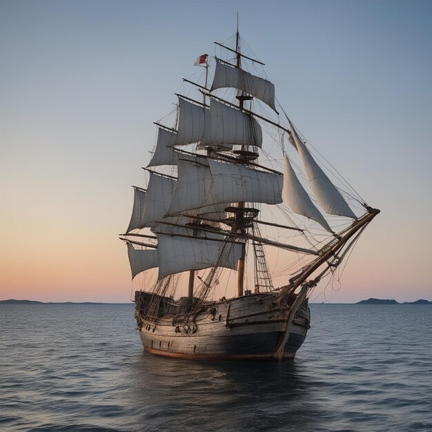 Tall sailing ship on calm sea at sunset with full white sails