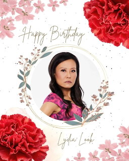 Birthday design with a woman's portrait inside a floral circular frame, surrounded by pink blossoms and red carnations.