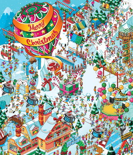 Colorful illustrated Christmas village with hot air balloon, crowds, snow-covered buildings and mountains