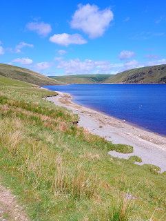 Grassy hillside beside a blue lake with a sandy shore and scattered clouds in the sky.