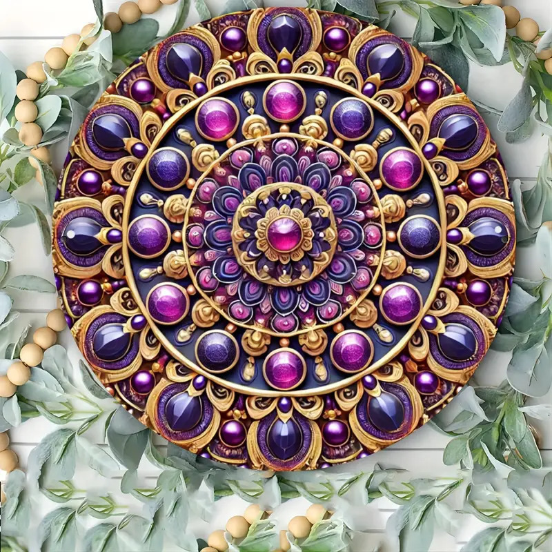 Intricate mandala with jeweled purple and pink gems in concentric circles, surrounded by gold ornamental details and flowers