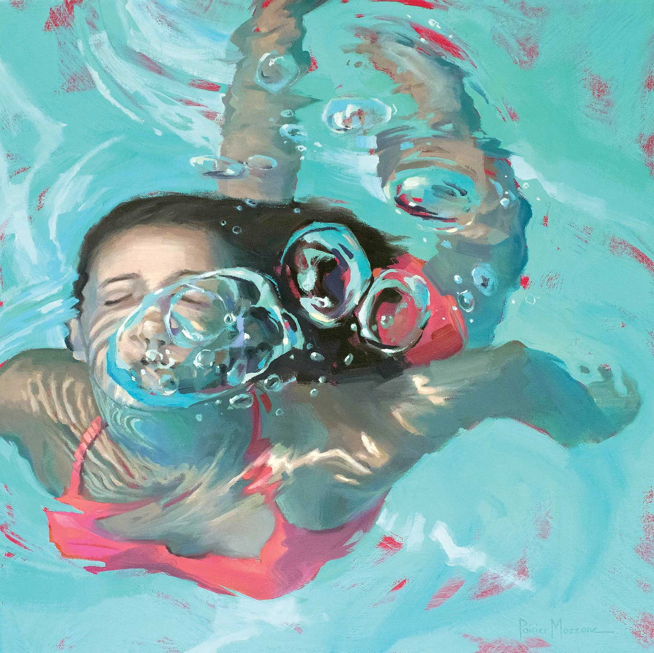 Painting of a girl underwater in a turquoise pool with bubbles and a pink swimsuit