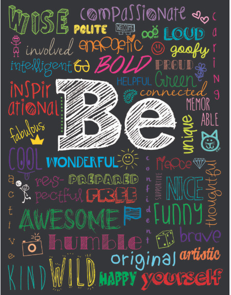 Chalkboard with colorful motivational words like 'be bold', 'awesome', 'inspire' surrounding large 'Be' lettering