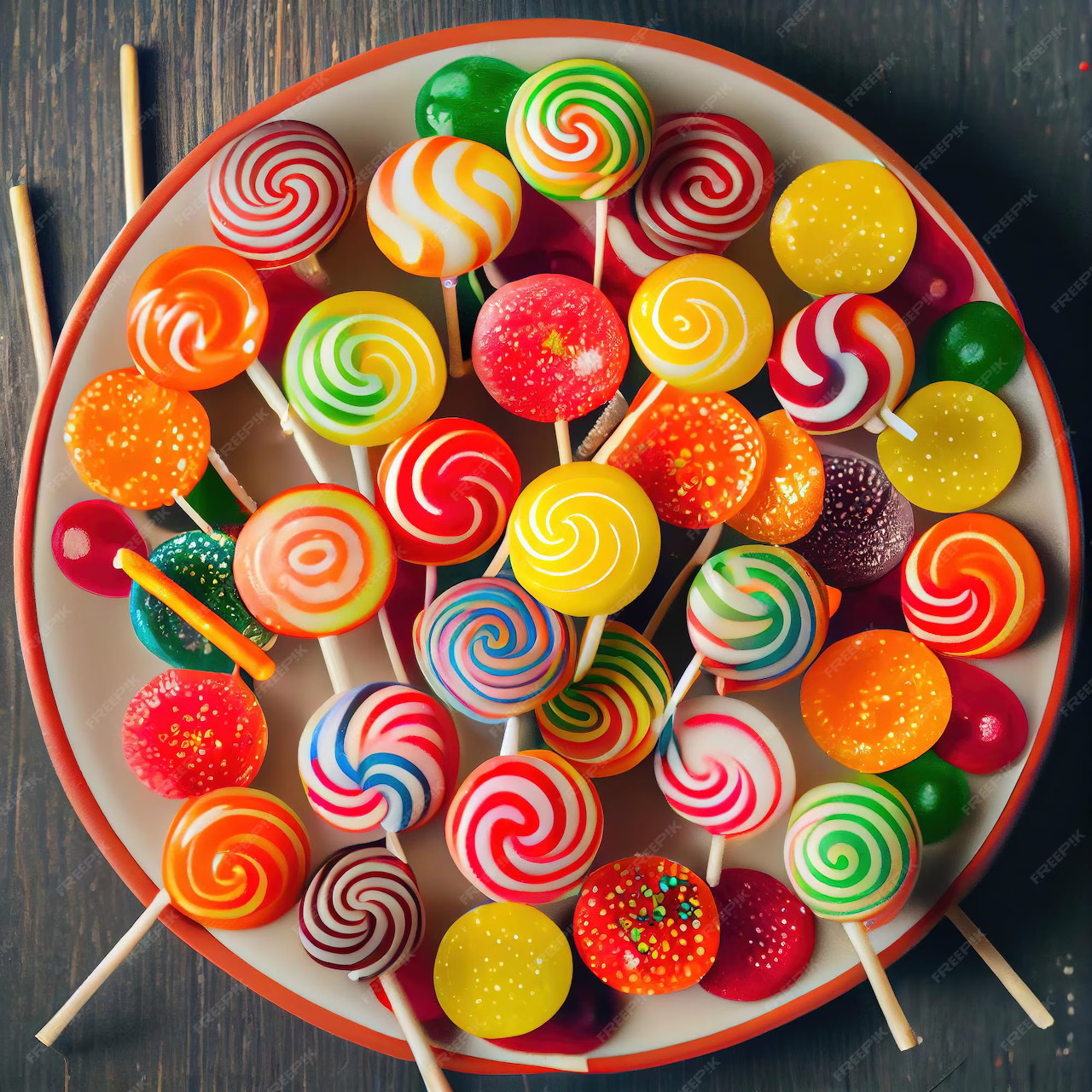 Colorful spiral and round lollipops arranged on an orange plate against a dark wooden surface