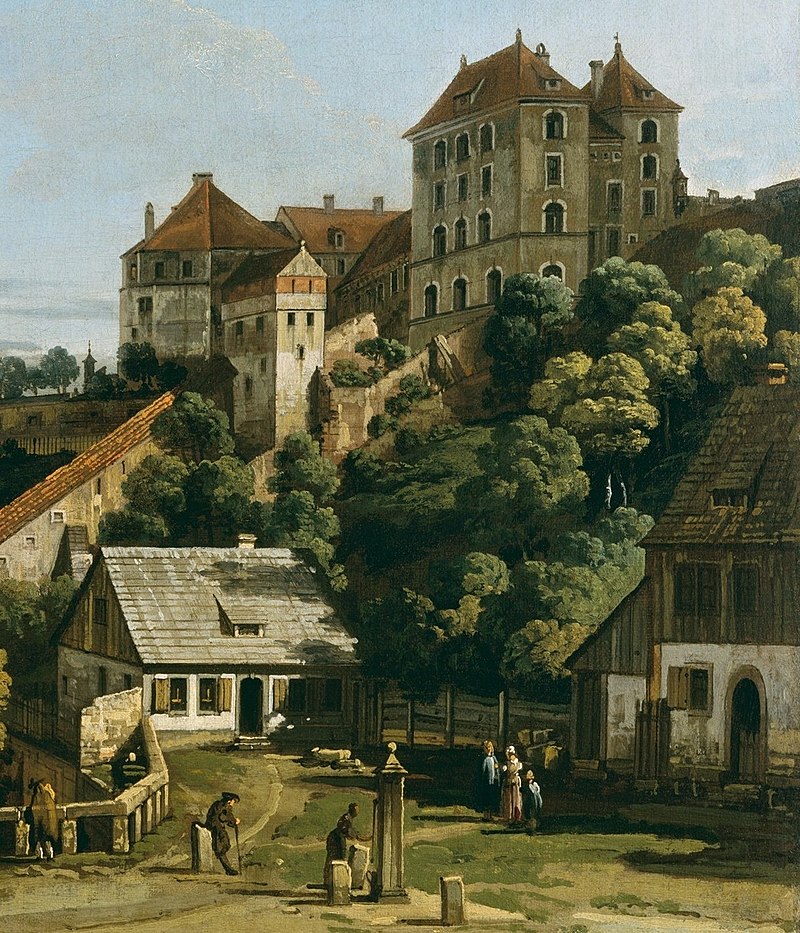 Bellotto painting of Pirna's Obertor from the south, showing historic buildings, lush trees, and figures in foreground