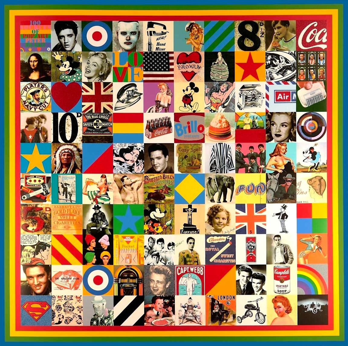 Colorful grid collage of pop art icons, celebrity faces, flags, vintage logos, and geometric designs in retro style