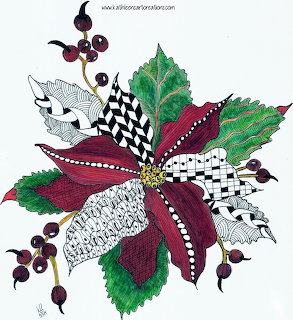 Radial mandala design with patterned leaves in green, burgundy, black and white, accented with purple berries