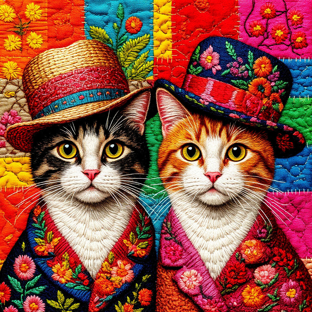 Two cats in colorful embroidered traditional outfits and ornate hats with floral patchwork background