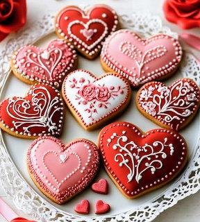 Heart-shaped Valentine cookies with ornate icing in pink, red, and white on a decorative plate