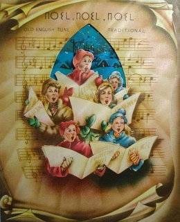 Vintage illustration of carolers singing over Noel sheet music with starry night background