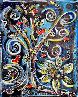 Abstract tree painting with swirling branches, hearts, flowers and birds in bright colors