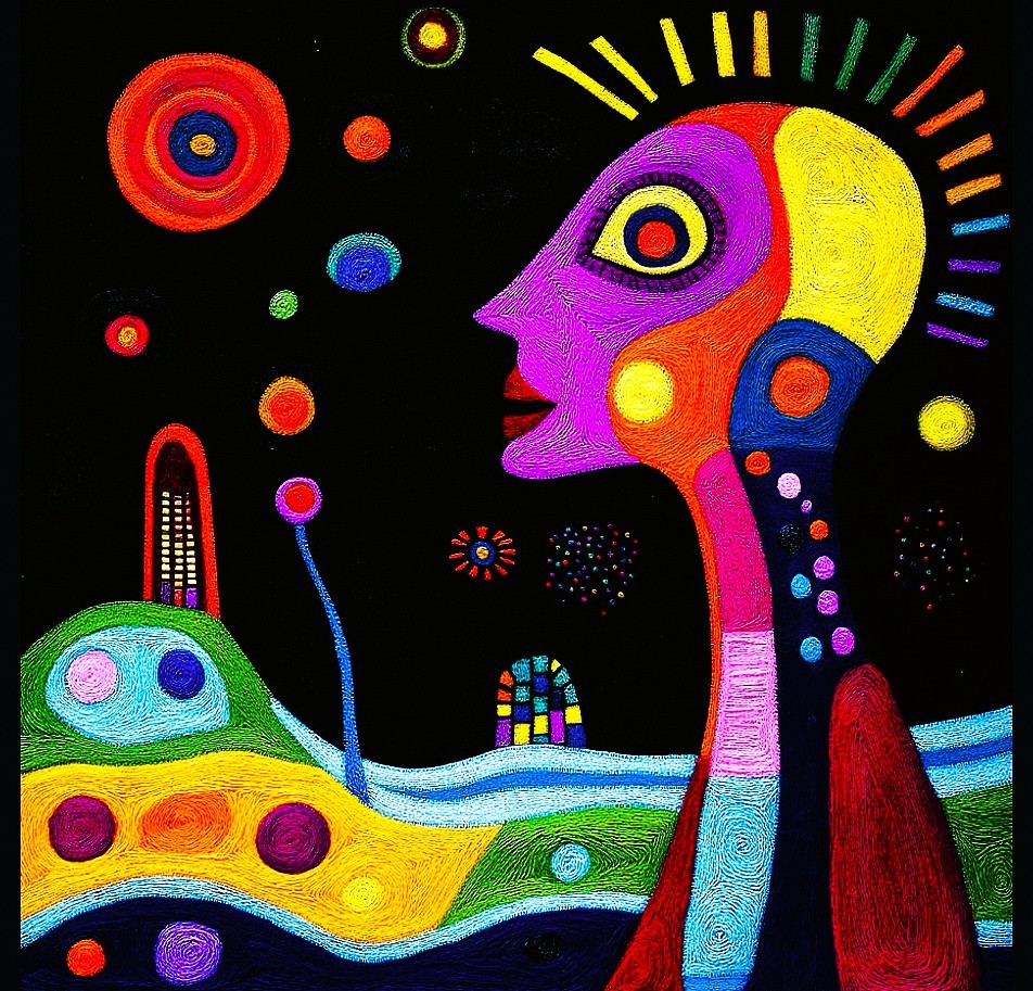 Abstract colorful face with yellow mohawk and geometric shapes on black background