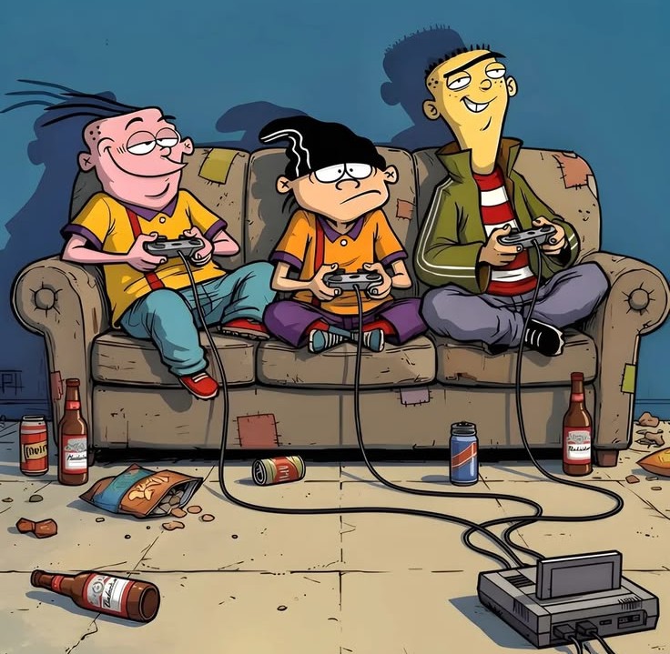 Three cartoon boys on a couch playing video games in a messy room